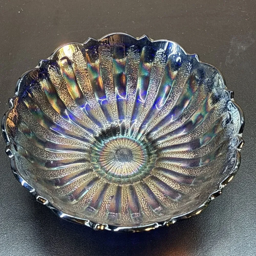 Fenton Carnival Glass Cobalt blue Scale Band Stippled Rays Bowl